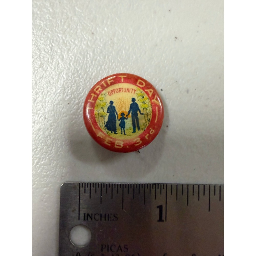 Vintage Thrift Day Opportunity Pinback Button‎ Feb 3rd Philadelphia Badge Co Red